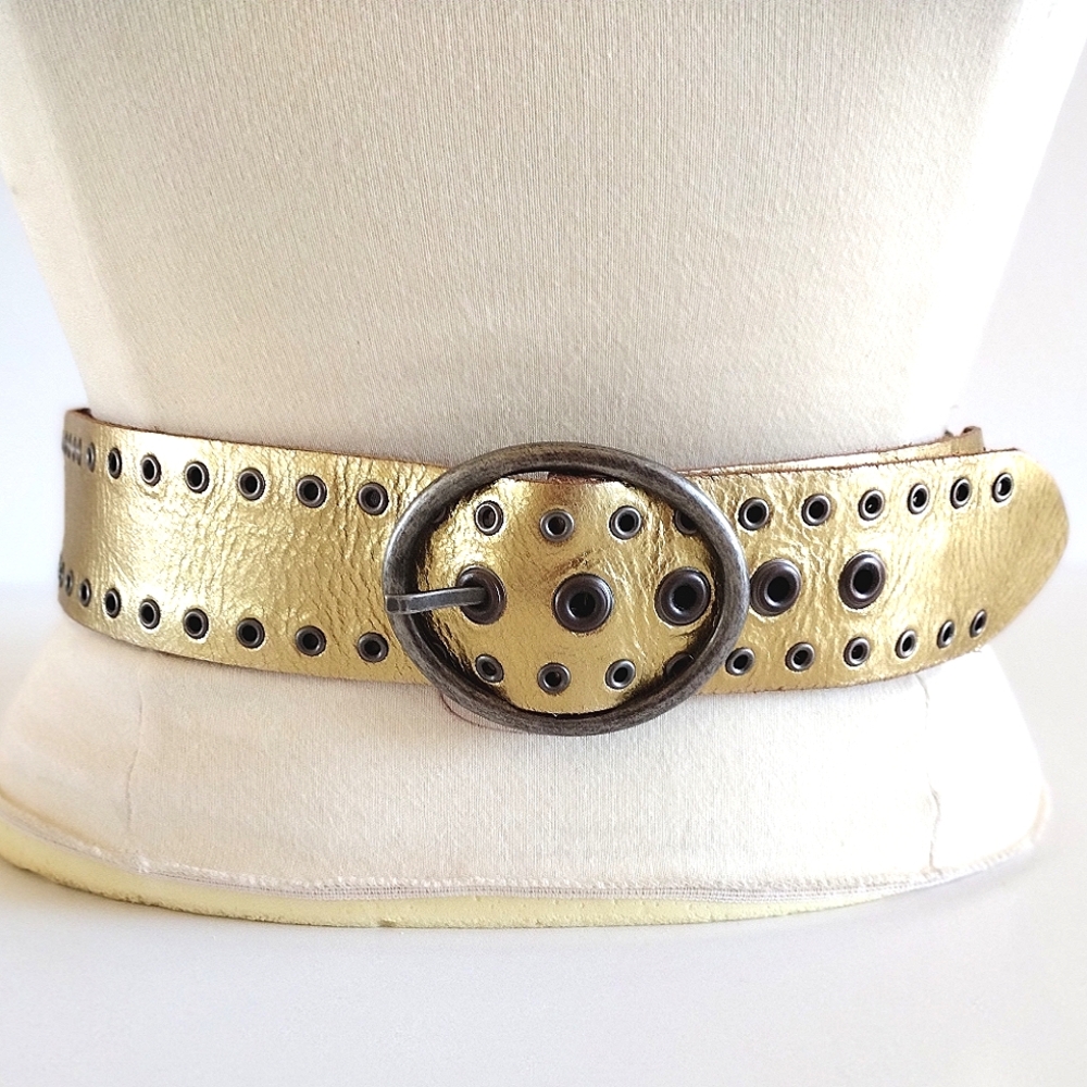 Fossil grommet gold leather wide belt L